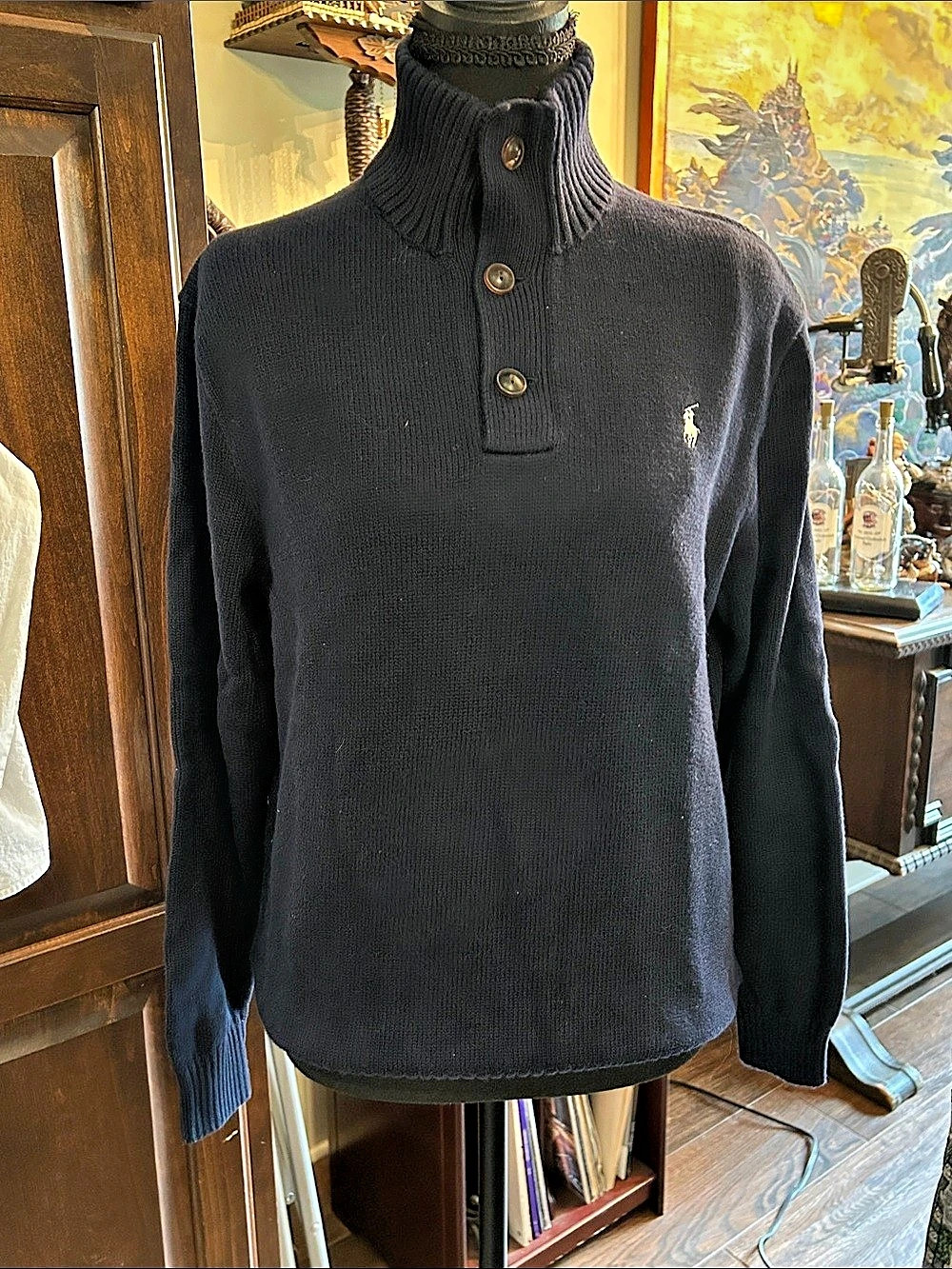 Polo Ralph Lauren Navy quarter Button turtleneck sweater Sz S -